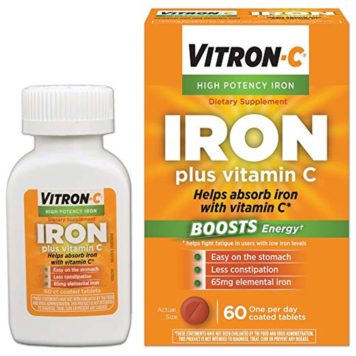 Vitron-C Iron Supplement with Vitamin C, High Potency Iron for Energy Support, 60 Coated Tablets