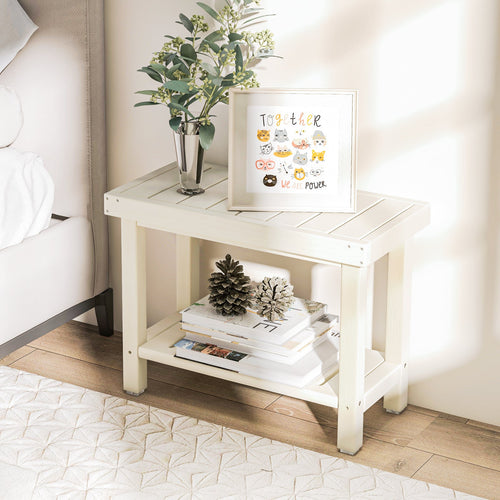 2-Tier Heavy Duty HDPE Shower Chair with Storage Shelf and Anti-slip Foot Pads-White