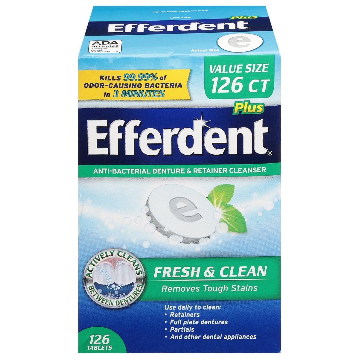 Efferdent Plus Anti-Bacterial Fresh & Clean  Denture & Retainer Cleanser Value Size 126 Tablets