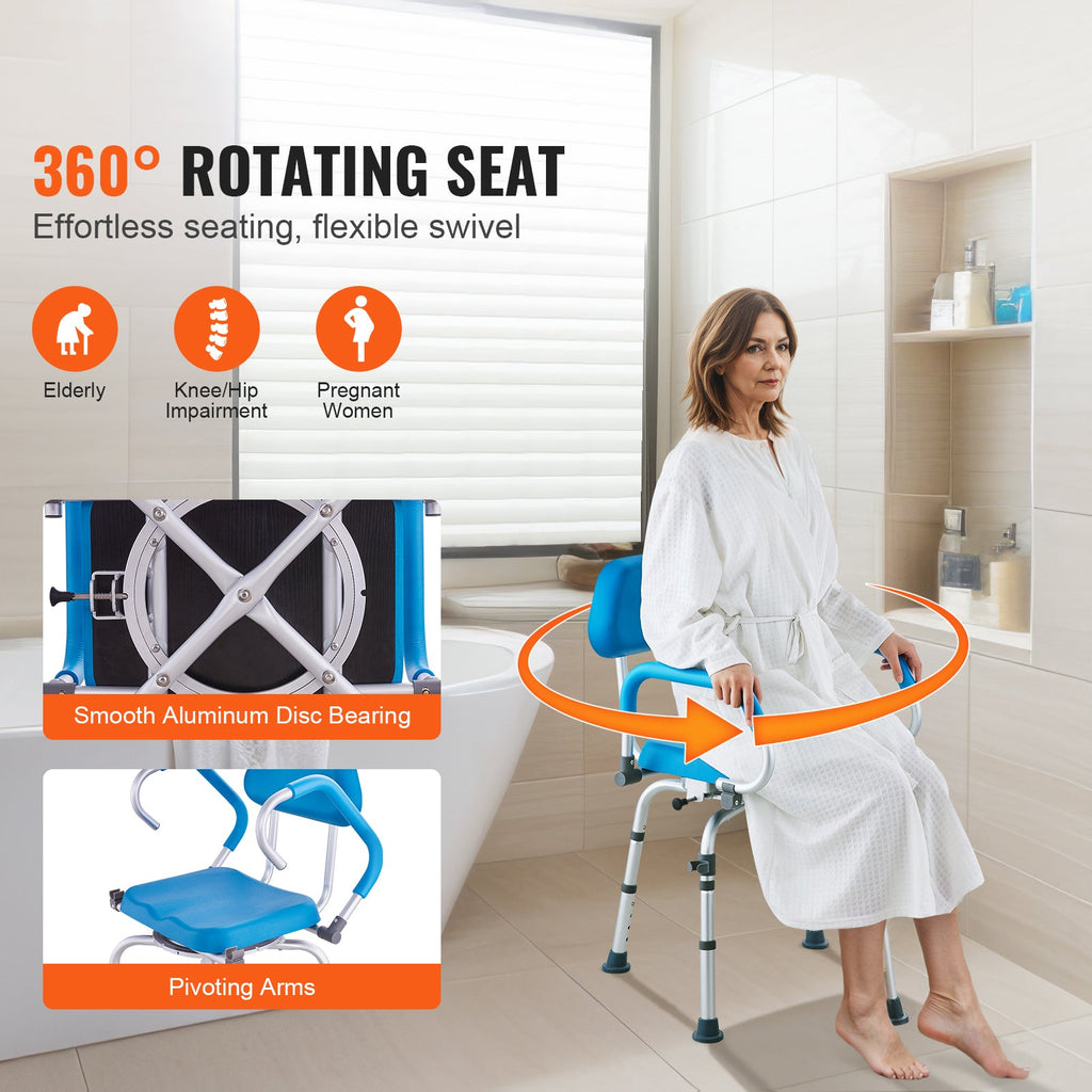 Shower Chair 360 Degree Swivel Padded PU Seat Aluminum 300 LB Blue