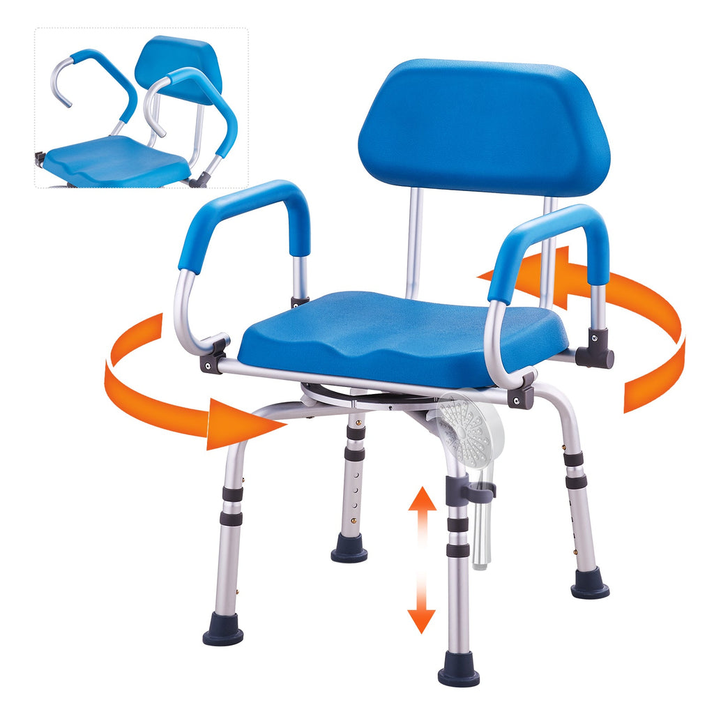 Shower Chair 360 Degree Swivel Padded PU Seat Aluminum 300 LB Blue
