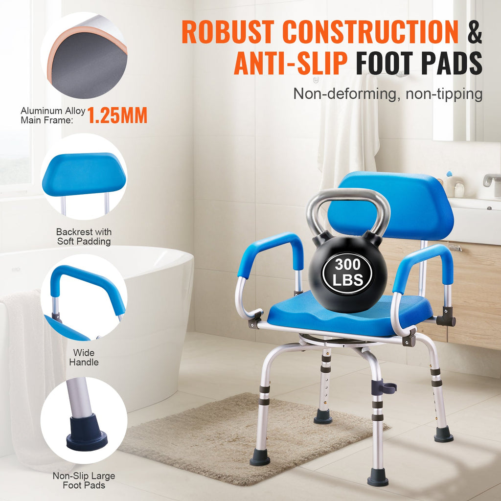 Shower Chair 360 Degree Swivel Padded PU Seat Aluminum 300 LB Blue